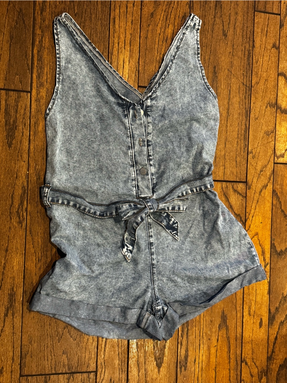 Acid Wash Denim Button-Front Romper with Tie Waist
